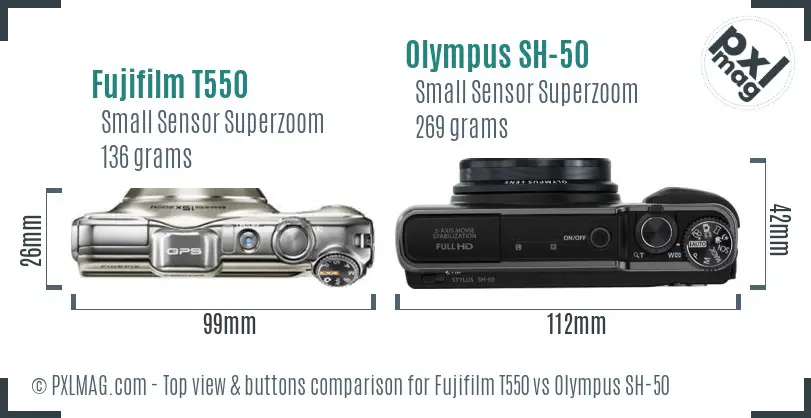 Fujifilm T550 vs Olympus SH-50 top view buttons comparison