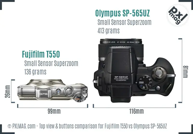 Fujifilm T550 vs Olympus SP-565UZ top view buttons comparison