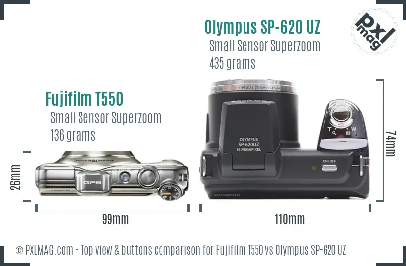 Fujifilm T550 vs Olympus SP-620 UZ top view buttons comparison