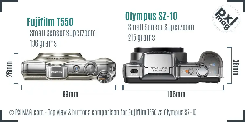 Fujifilm T550 vs Olympus SZ-10 top view buttons comparison Fujifilm T550 vs Olympus SZ-10 top view buttons comparison