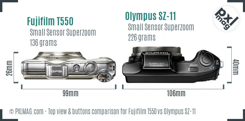 Fujifilm T550 vs Olympus SZ-11 top view buttons comparison