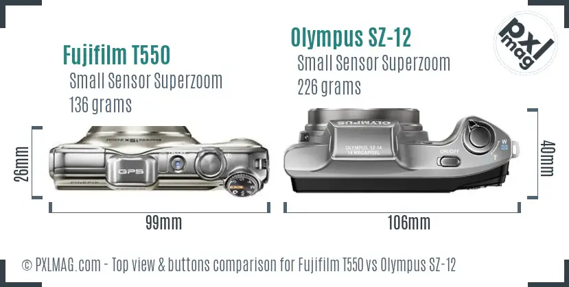 Fujifilm T550 vs Olympus SZ-12 top view buttons comparison