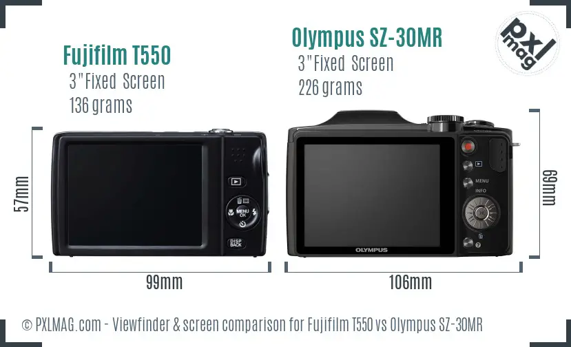 Fujifilm T550 vs Olympus SZ-30MR Screen and Viewfinder comparison