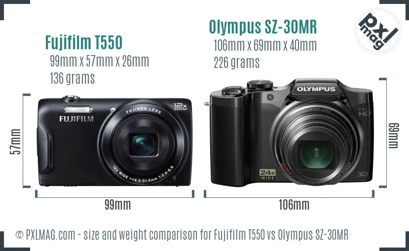 Fujifilm T550 vs Olympus SZ-30MR size comparison