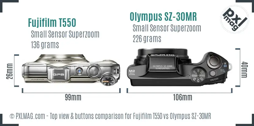 Fujifilm T550 vs Olympus SZ-30MR top view buttons comparison