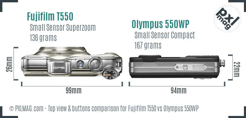 Fujifilm T550 vs Olympus 550WP top view buttons comparison