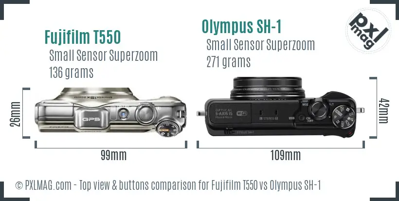 Fujifilm T550 vs Olympus SH-1 top view buttons comparison