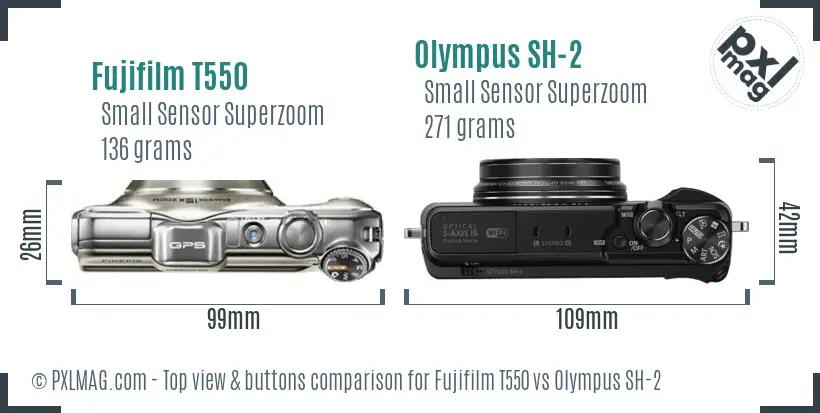 Fujifilm T550 vs Olympus SH-2 top view buttons comparison