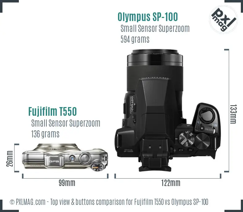Fujifilm T550 vs Olympus SP-100 top view buttons comparison Fujifilm T550 vs Olympus SP-100 top view buttons comparison