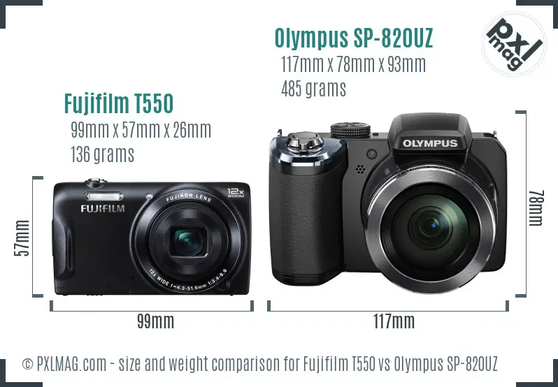 Fujifilm T550 vs Olympus SP-820UZ size comparison Fujifilm T550 vs Olympus SP-820UZ size comparison