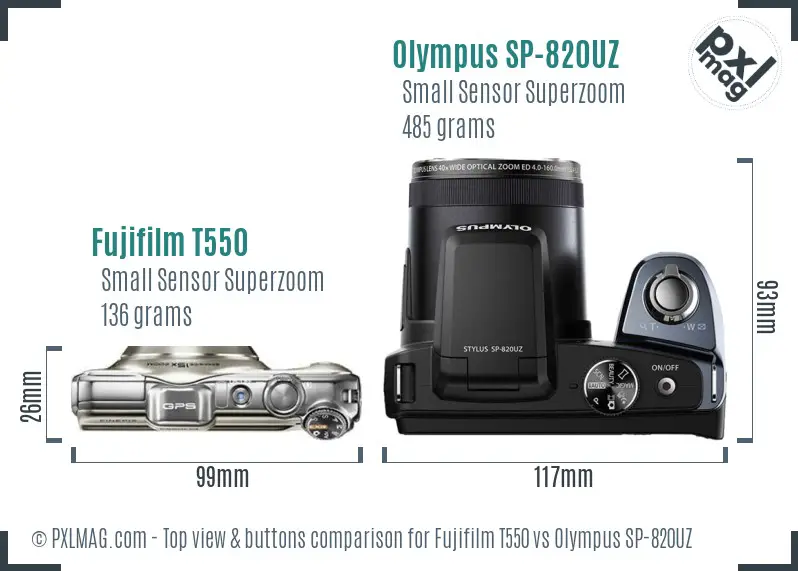 Fujifilm T550 vs Olympus SP-820UZ top view buttons comparison Fujifilm T550 vs Olympus SP-820UZ top view buttons comparison