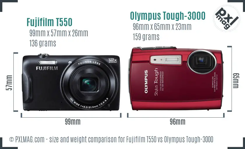 Fujifilm T550 vs Olympus Tough-3000 size comparison Fujifilm T550 vs Olympus Tough-3000 size comparison