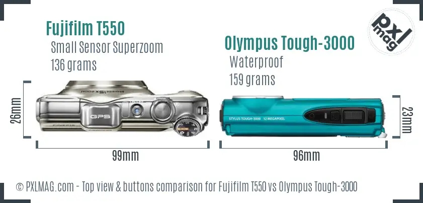 Fujifilm T550 vs Olympus Tough-3000 top view buttons comparison Fujifilm T550 vs Olympus Tough-3000 top view buttons comparison