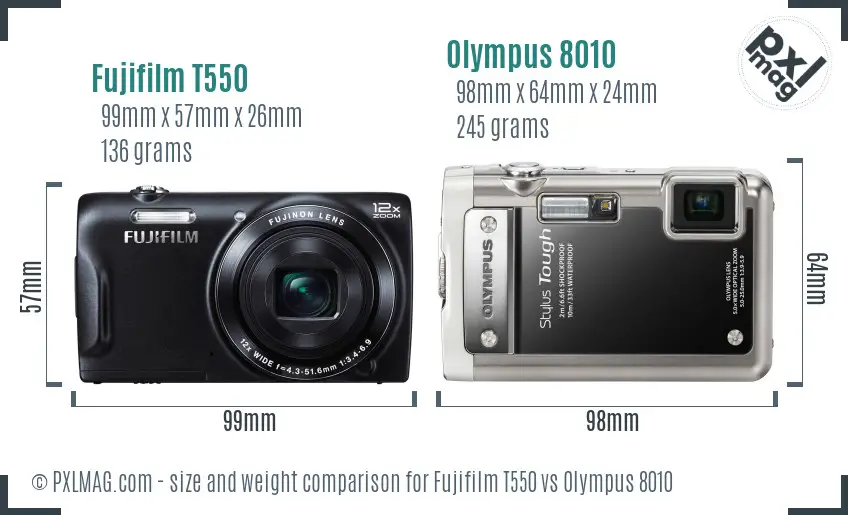 Fujifilm T550 vs Olympus 8010 size comparison