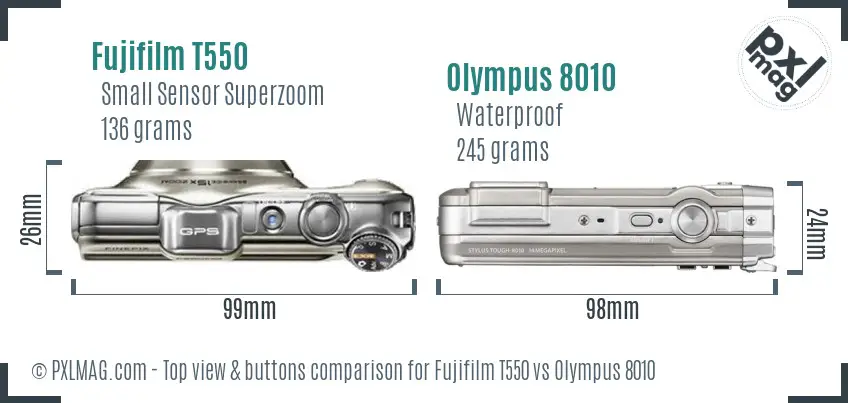Fujifilm T550 vs Olympus 8010 top view buttons comparison