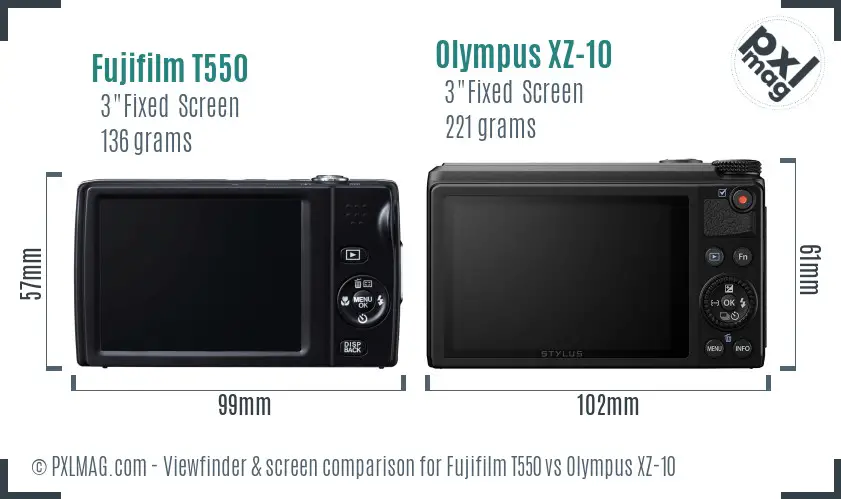 Fujifilm T550 vs Olympus XZ-10 Screen and Viewfinder comparison