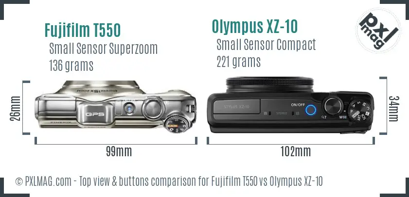 Fujifilm T550 vs Olympus XZ-10 top view buttons comparison