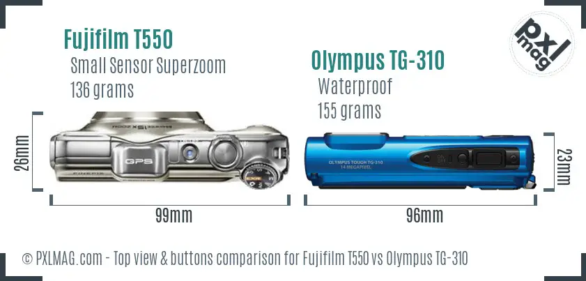 Fujifilm T550 vs Olympus TG-310 top view buttons comparison