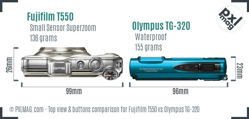 Fujifilm T550 vs Olympus TG-320 top view buttons comparison