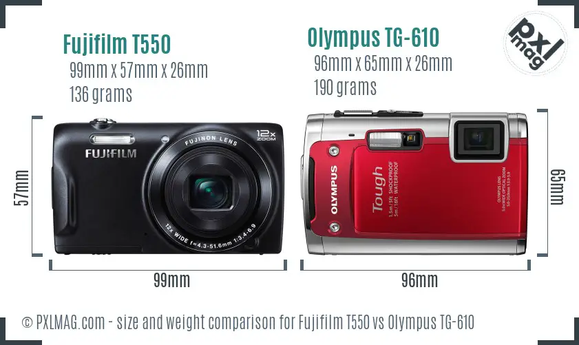 Fujifilm T550 vs Olympus TG-610 size comparison Fujifilm T550 vs Olympus TG-610 size comparison