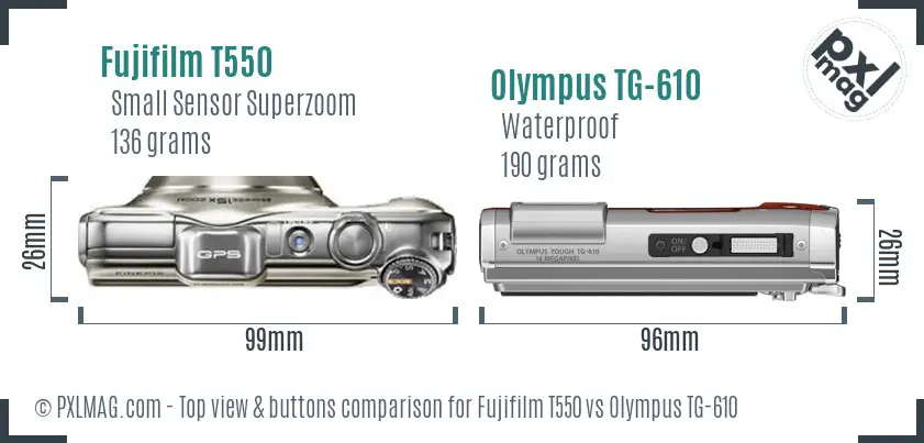 Fujifilm T550 vs Olympus TG-610 top view buttons comparison Fujifilm T550 vs Olympus TG-610 top view buttons comparison