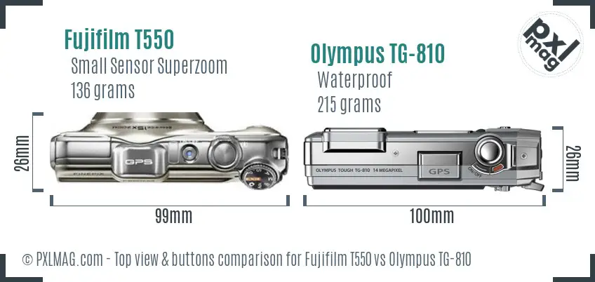 Fujifilm T550 vs Olympus TG-810 top view buttons comparison