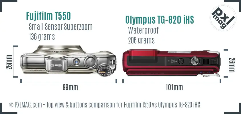 Fujifilm T550 vs Olympus TG-820 iHS top view buttons comparison