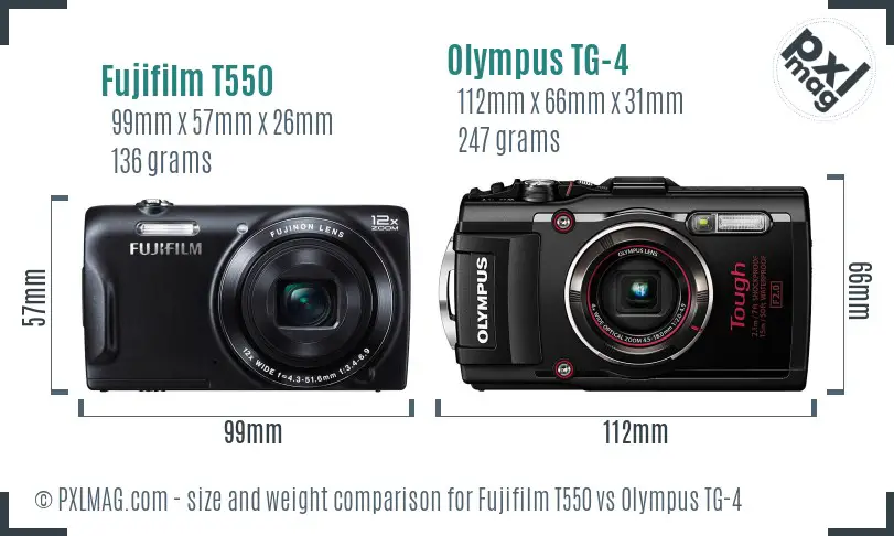 Fujifilm T550 vs Olympus TG-4 size comparison