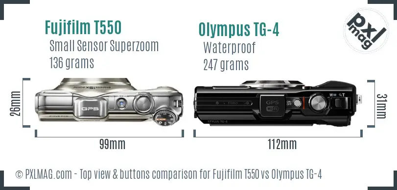 Fujifilm T550 vs Olympus TG-4 top view buttons comparison