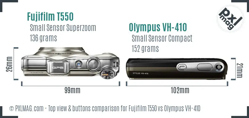 Fujifilm T550 vs Olympus VH-410 top view buttons comparison