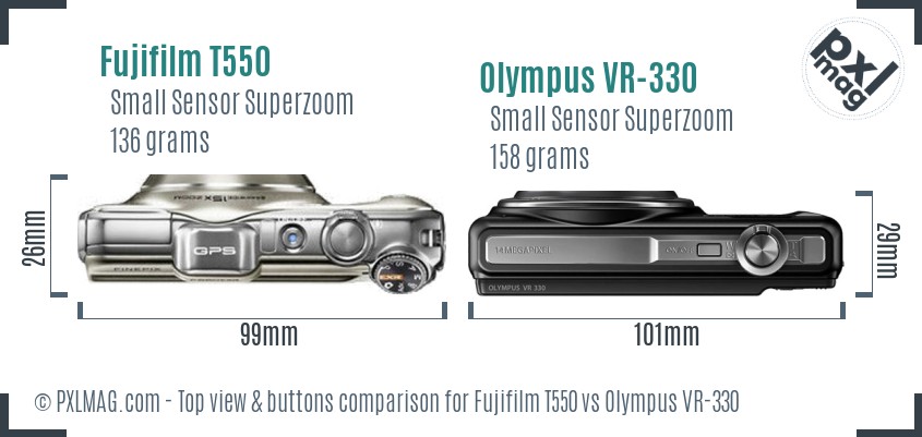 Fujifilm T550 vs Olympus VR-330 top view buttons comparison