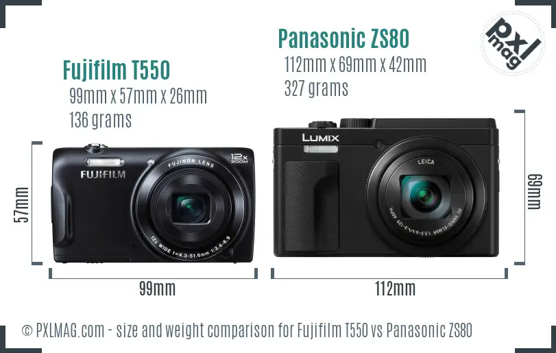 Fujifilm T550 vs Panasonic ZS80 size comparison