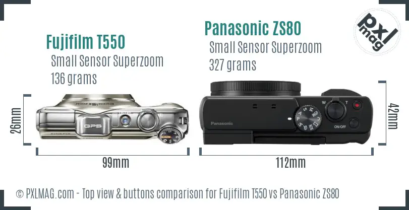 Fujifilm T550 vs Panasonic ZS80 top view buttons comparison