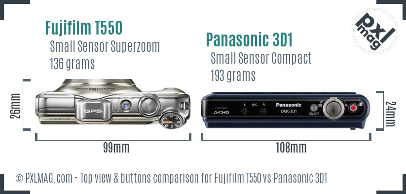 Fujifilm T550 vs Panasonic 3D1 top view buttons comparison