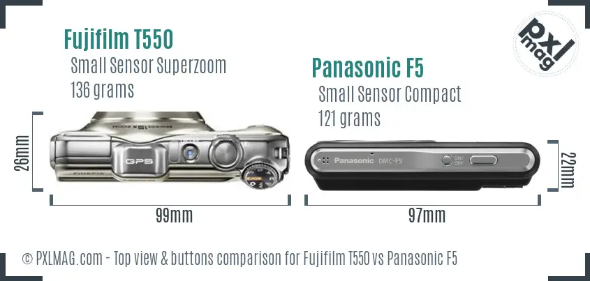 Fujifilm T550 vs Panasonic F5 top view buttons comparison