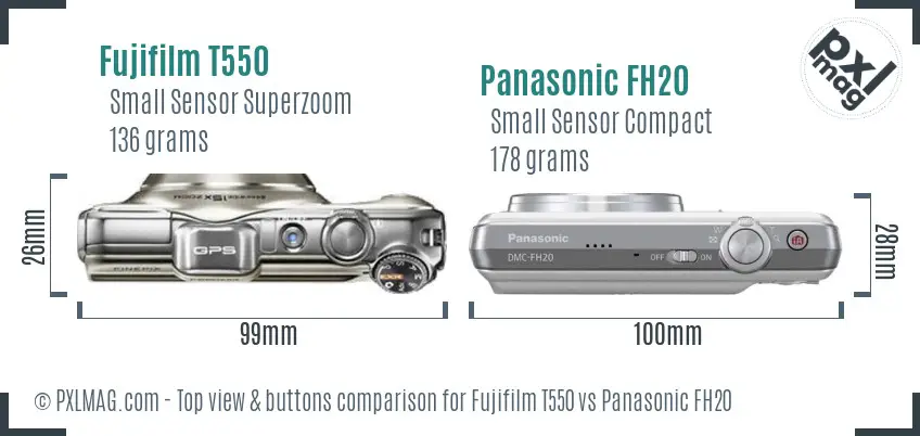 Fujifilm T550 vs Panasonic FH20 top view buttons comparison Fujifilm T550 vs Panasonic FH20 top view buttons comparison