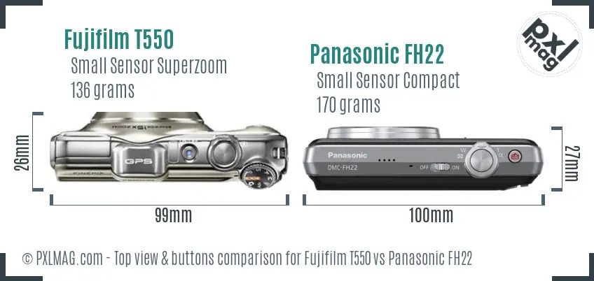 Fujifilm T550 vs Panasonic FH22 top view buttons comparison Fujifilm T550 vs Panasonic FH22 top view buttons comparison