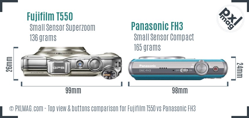 Fujifilm T550 vs Panasonic FH3 top view buttons comparison