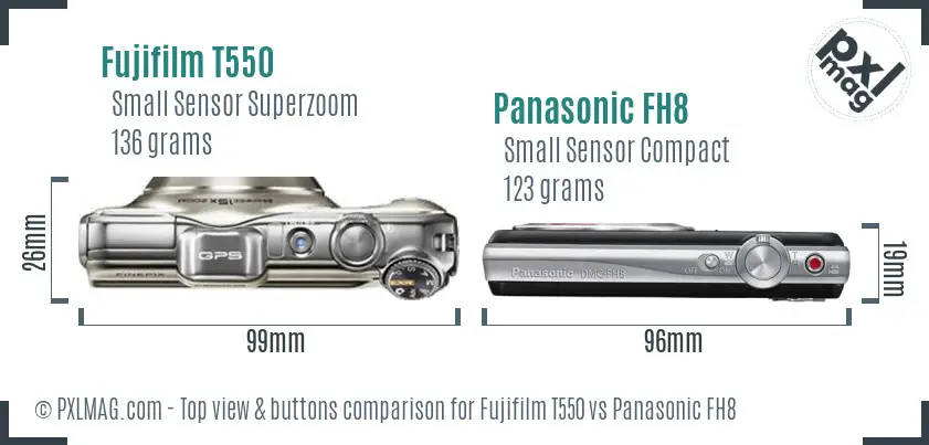 Fujifilm T550 vs Panasonic FH8 top view buttons comparison