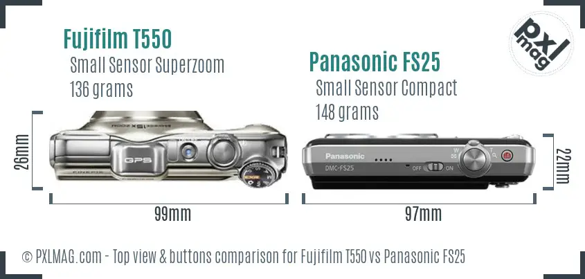 Fujifilm T550 vs Panasonic FS25 top view buttons comparison Fujifilm T550 vs Panasonic FS25 top view buttons comparison