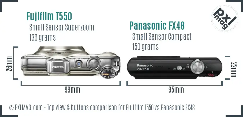 Fujifilm T550 vs Panasonic FX48 top view buttons comparison