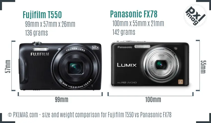 Fujifilm T550 vs Panasonic FX78 size comparison