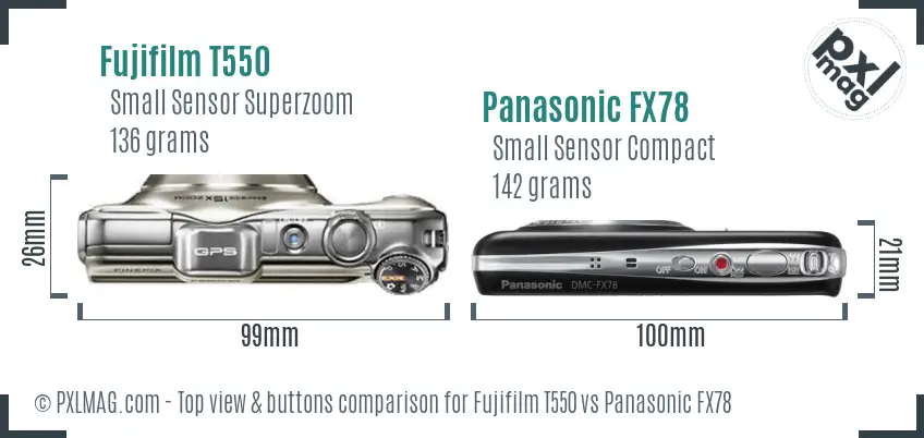 Fujifilm T550 vs Panasonic FX78 top view buttons comparison
