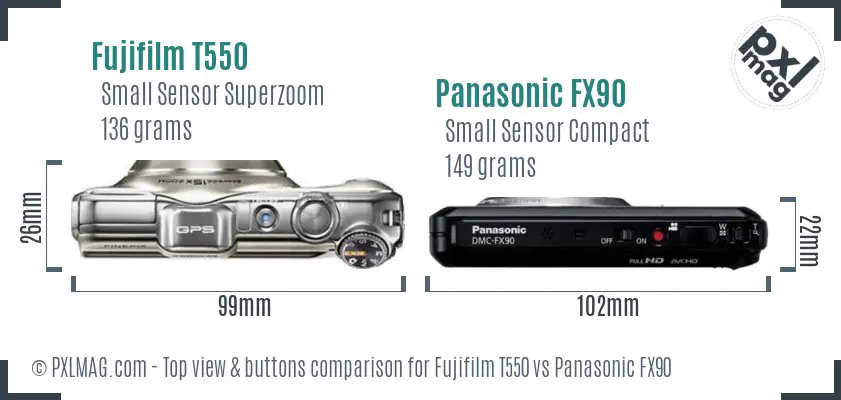Fujifilm T550 vs Panasonic FX90 top view buttons comparison Fujifilm T550 vs Panasonic FX90 top view buttons comparison