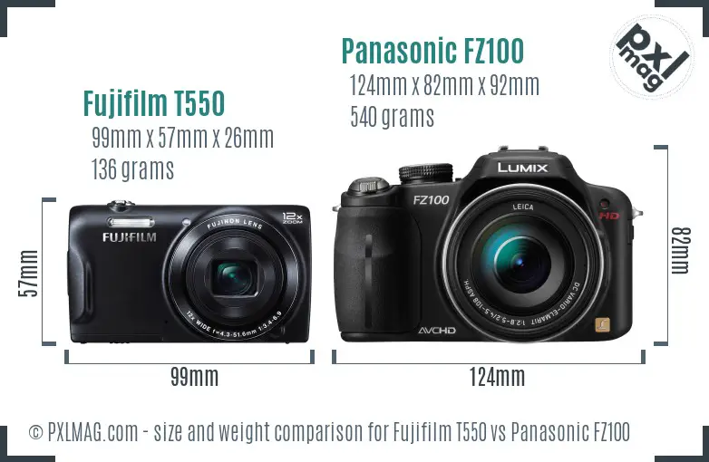 Fujifilm T550 vs Panasonic FZ100 size comparison