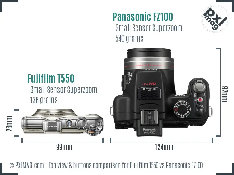Fujifilm T550 vs Panasonic FZ100 top view buttons comparison