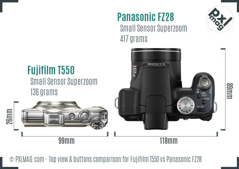 Fujifilm T550 vs Panasonic FZ28 top view buttons comparison