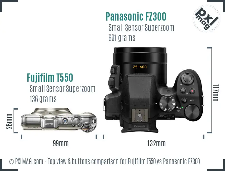 Fujifilm T550 vs Panasonic FZ300 top view buttons comparison Fujifilm T550 vs Panasonic FZ300 top view buttons comparison