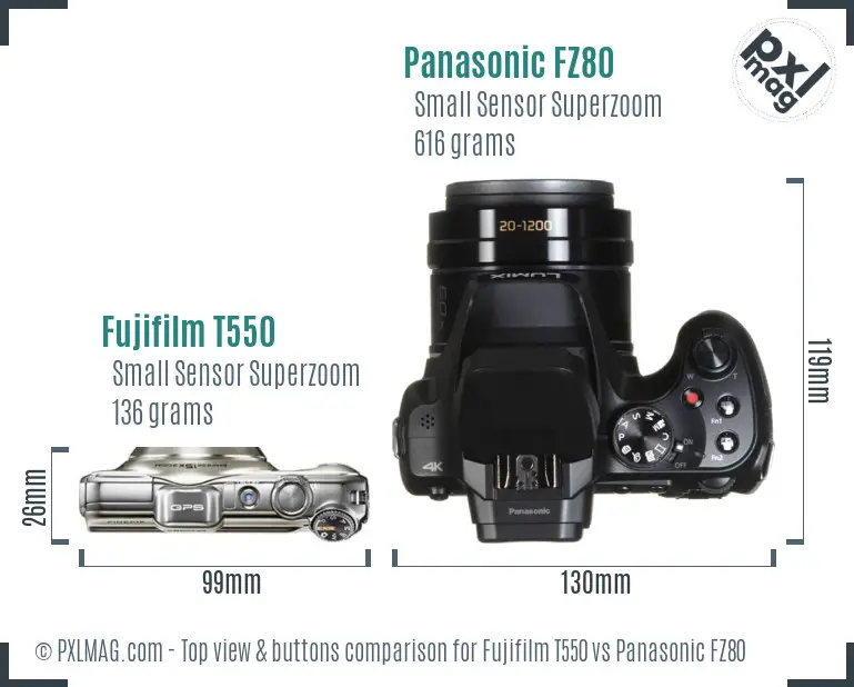 Fujifilm T550 vs Panasonic FZ80 top view buttons comparison