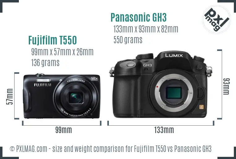 Fujifilm T550 vs Panasonic GH3 size comparison